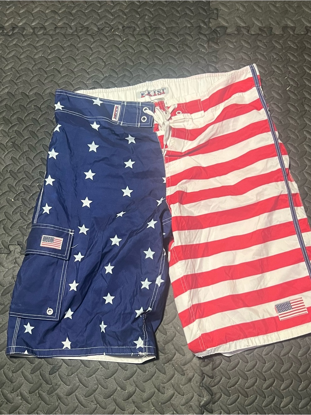 Exist Men's American Flag Board Shorts - Blue & White with Red Stripe Accents